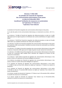 Décision n° 2016-1681 du président de l`Arcep en date du 8