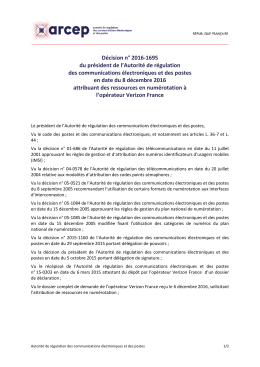 Décision n° 2016-1695 du président de l`Arcep en date du 8