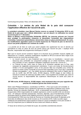 Colombie – La remise du prix Nobel de la paix doit consacrer l