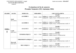 Evaluations de fin de semestre Premier Semestre (S1) Automne 2016