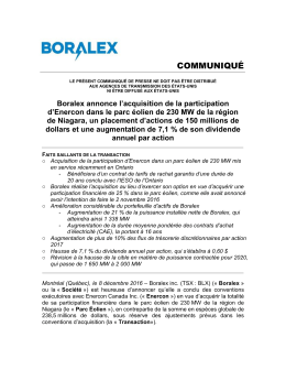 Boralex annonce l`acquisition de la participation d`Enercon dans le