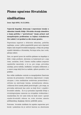 Pismo upućeno Hrvatskim sindikatima