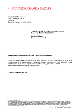 PBZ d.d. - Objava sukladno članku 459. Zakona
