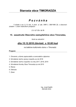 Pozvánka na 15. zasadnutie Obecného Zastupiteľstva v Timoradzi