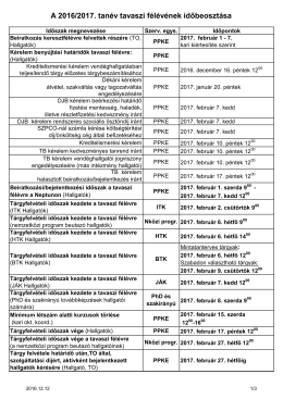A 2016/2017. tan&eacute;v tavaszi f&eacute;l&eacute;v&eacute;nek időbeoszt&aacute;sa