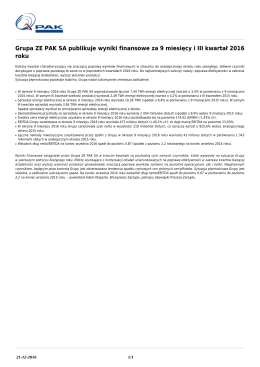 Grupa ZE PAK SA publikuje wyniki finansowe za 9 miesięcy i III