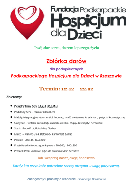 Zbiórka darów dla Podkarpackiego Hospicjum od 12.12 do 22.12 w
