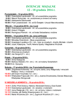 INTENCJE MSZALNE 12 - 18 grudnia 2016 r.