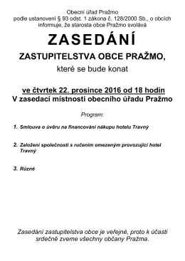 15.12.2016 Zasedání zastupitelstva obce Pražmo dne 22.12.2016