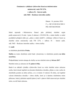 Oznámení o vyhlášení výběrového řízení na služební místo