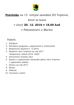 Pozvánka na 15. veřejné zasedání ZO Vepřová, které se koná v