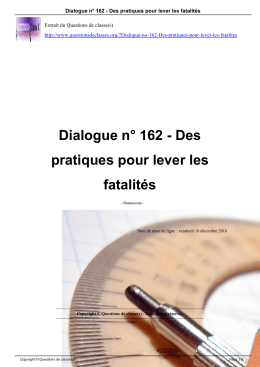 Dialogue n° 162 - Des pratiques pour lever les fatalités