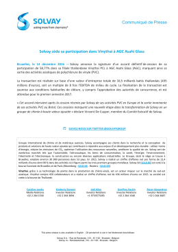 Solvay cède sa participation dans Vinythai à AGC Asahi Glass