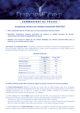 EuropaCorp annonce ses r&eacute;sultats semestriels 2016/2017