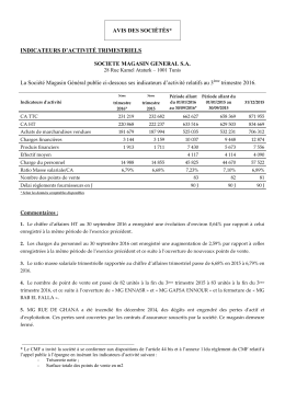AVIS DES SOCI&Eacute;T&Eacute;S* INDICATEURS D`ACTIVIT&Eacute;