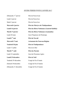 JOURS FERIES POUR L`ANNEE 2017 (Dimanche 1 janvier F&ecirc;te du