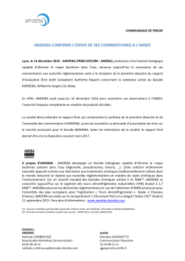 AMOEBA CONFIRME L`ENVOI DE SES COMMENTAIRES A L`ANSES