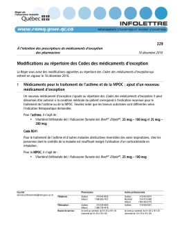 Modifications au r&eacute;pertoire des Codes des m&eacute;dicaments d`exception
