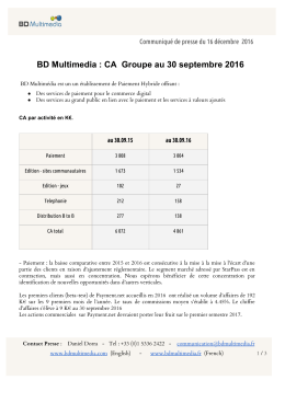 BD Multimedia : CA Groupe au 30 septembre 2016