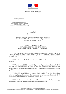 Projet d`arrêté préfectoral classant l`espèce sanglier "nuisible"