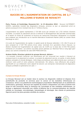 succes de l`augmentation de capital de 2,7 millions d`euros de novacyt