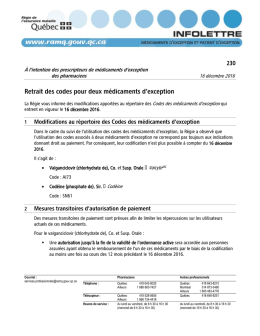 Retrait des codes pour deux médicaments d`exception