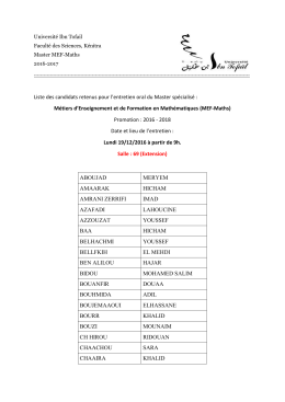 Liste des candidats retenus pour l`entretien oral du Master