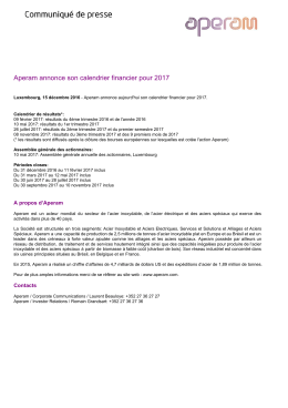 Aperam annonce son calendrier financier pour 2017