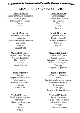 MENUS DU 16 AU 27 JANVIER 2017 Lundi 16 janvier