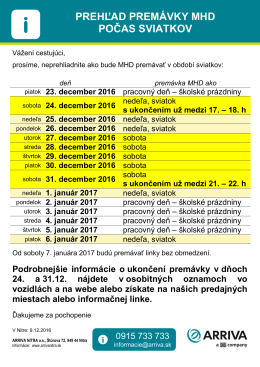 Prem&aacute;vka MHD - sviatky 2016