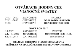 otváracie hodiny cez vianočné sviatky