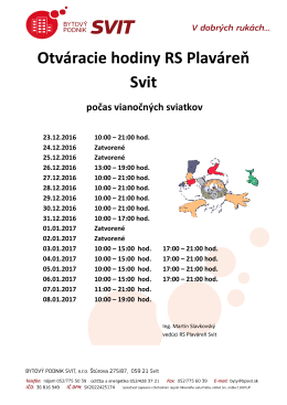 Zmena otv&aacute;rac&iacute;ch hod&iacute;n RS Plav&aacute;reň Svit počas vianočn&yacute;ch sviatkov