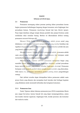 BAB II TINJAUAN PUSTAKA 2.1 Pemasaran Pemasaran memegang