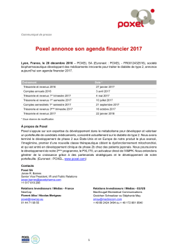 Poxel annonce son agenda financier 2017