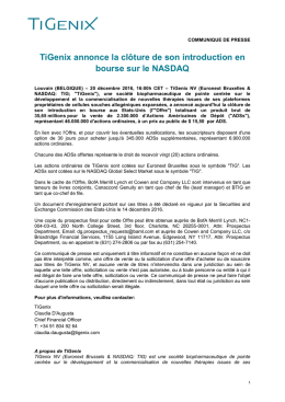 TiGenix annonce la clôture de son introduction en bourse sur le