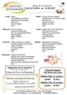 Du 26.12.2016 au 01.01.2017 Suggestion de la Semaine Palette de
