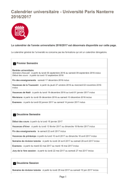 SUIO - Calendrier universitaire - Universit&eacute; Paris Nanterre 2016/2017