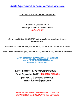 DATE LIMITE DES INSCRIPTIONS Jeudi 5 janvier 2017 DERNIER