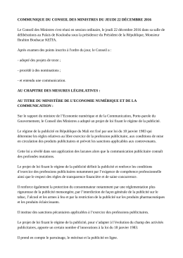 COMMUNIQUE DU CONSEIL DES MINISTRES