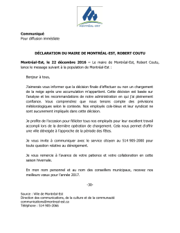 Communiqué Pour diffusion immédiate - Montréal-Est