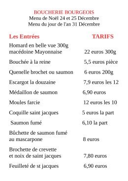 Les Entrées TARIFS - Traiteur Bourgeois