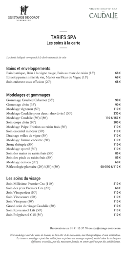 Tarifs SPA - Les Etangs de Corot