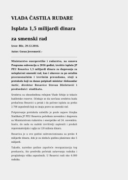 VLADA ČASTILA RUDARE Isplata 1,5 milijardi dinara za smenski rad