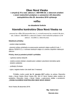 Obec Nová Vieska voľbu hlavného kontrolóra Obce Nová Vieska na