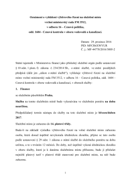 Oznámení o vyhlášení výběrového řízení na služební místo vrchní
