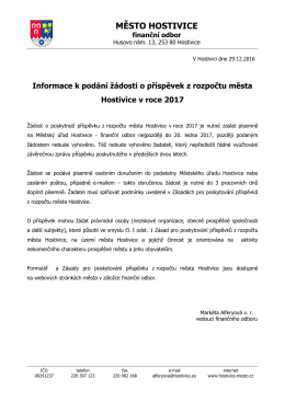 Informace k podání žádosti o příspěvek z rozpočtu města Hostivice v
