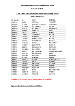Liste finale des &eacute;tudiants admis pour s`inscrire en Master