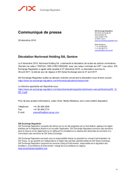 D&eacute;cotation Norinvest Holding SA, Gen&egrave;ve