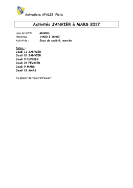 Activit&eacute;s JANVIER &agrave; MARS 2017