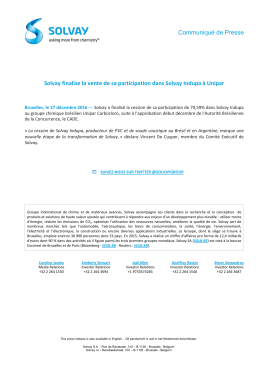 Communiqu&eacute; de Presse Solvay finalise la vente de sa participation